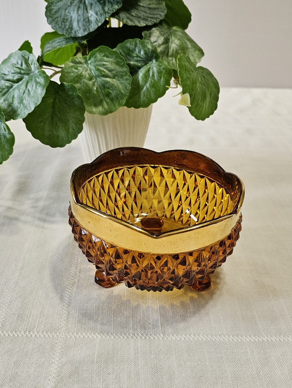 Vintage Amber Indiana Glass Dish with Gold Band